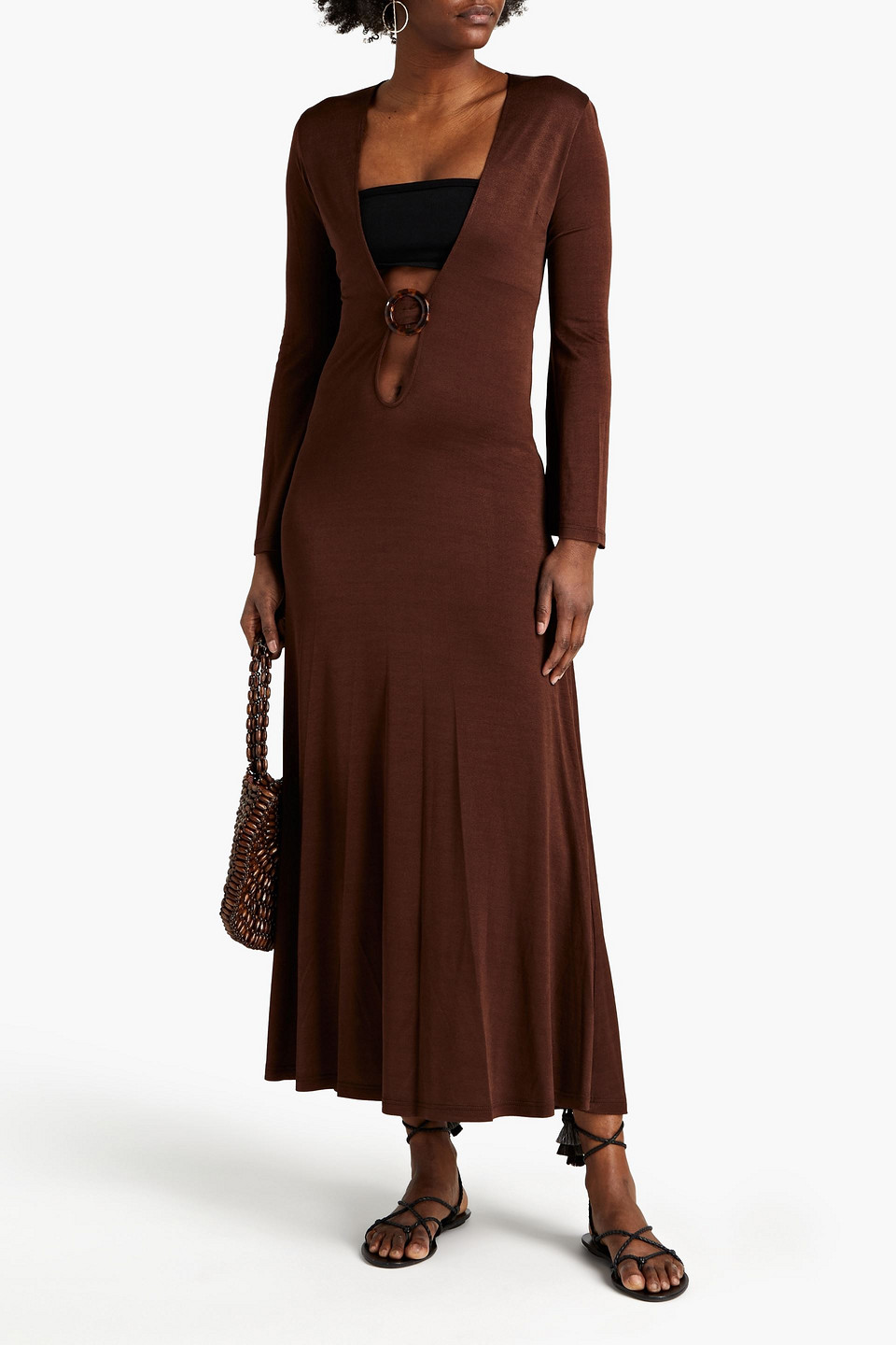 Dodo Bar Or Lin Cutout Buckle-embellished Satin-jersey Maxi Dress In Brown