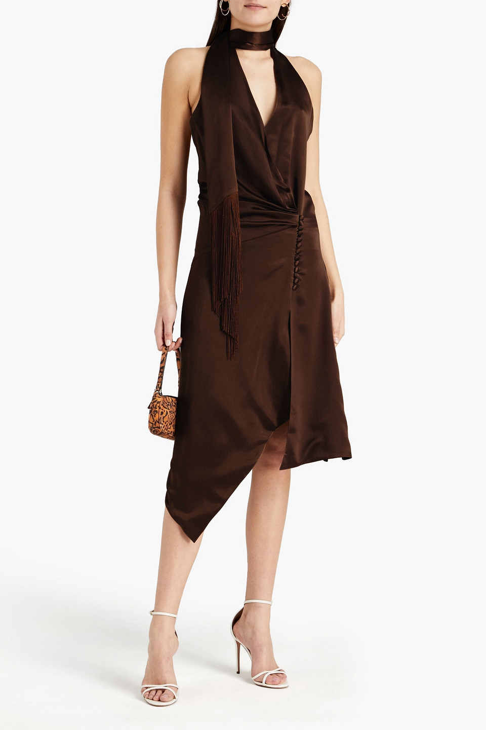 Dodo Bar Or Olla Draped Silk-satin Halterneck Midi Wrap Dress In Brown