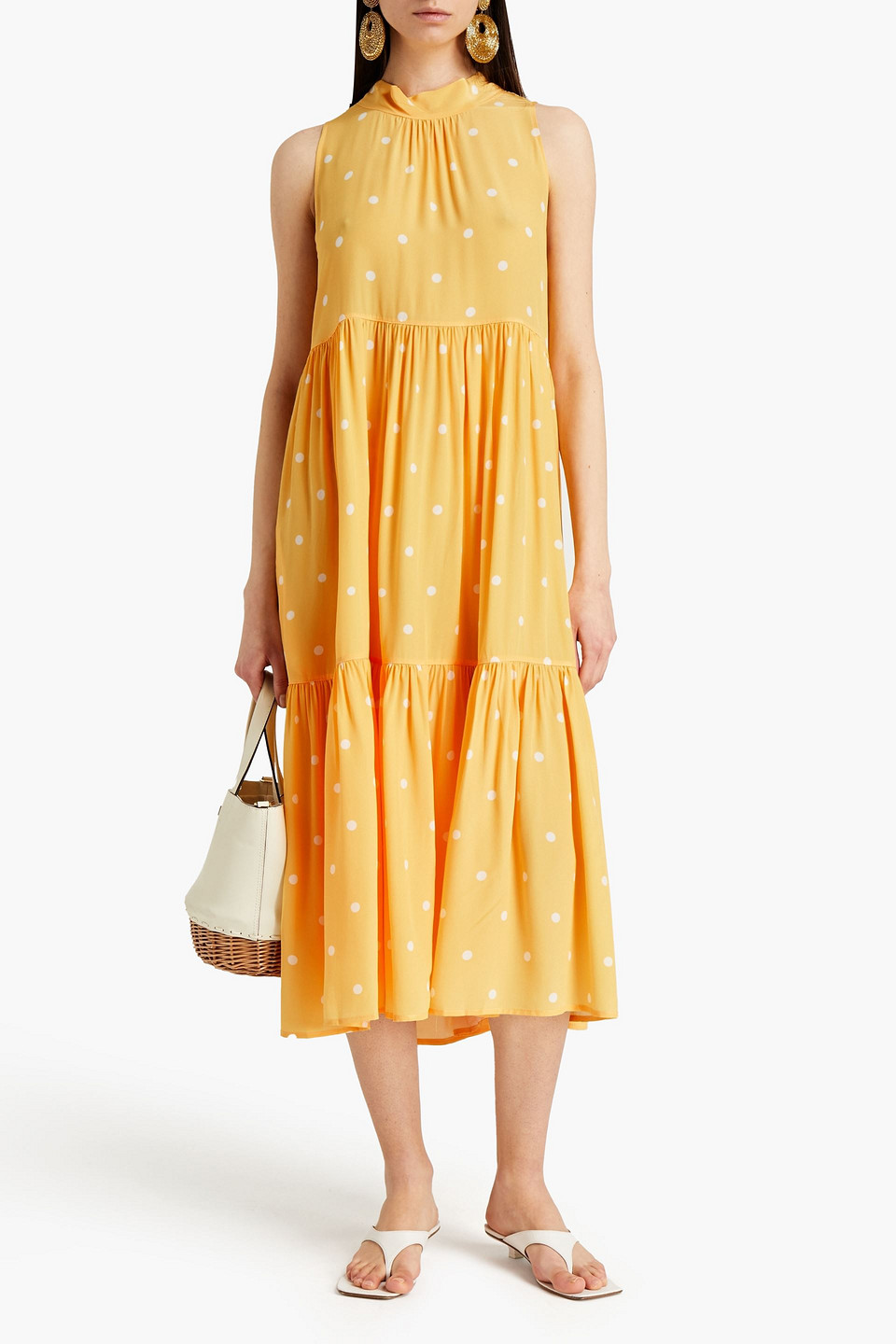 Asceno Polka-dot Silk Crepe De Chine Midi Dress In Yellow