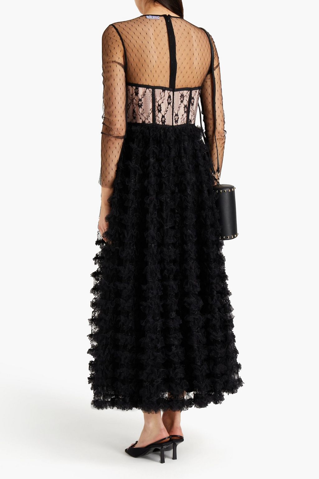 REDVALENTINO Lace-paneled ruffled point d'esprit midi dress