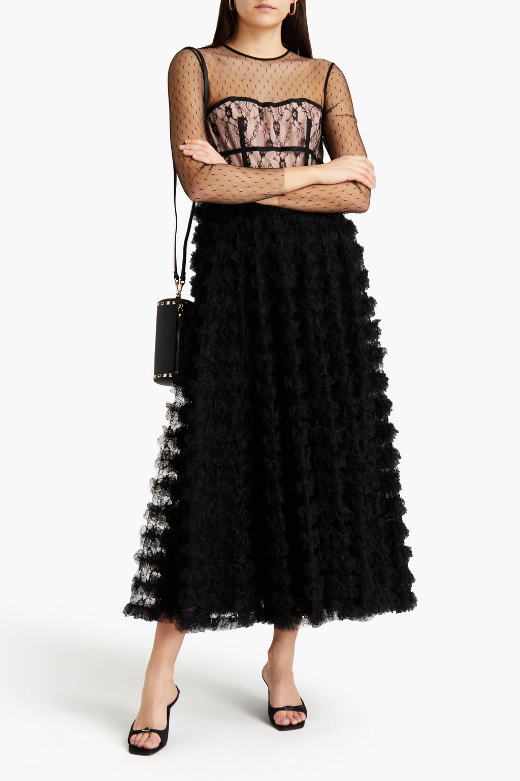 REDVALENTINO Lace-paneled ruffled point d'esprit midi dress
