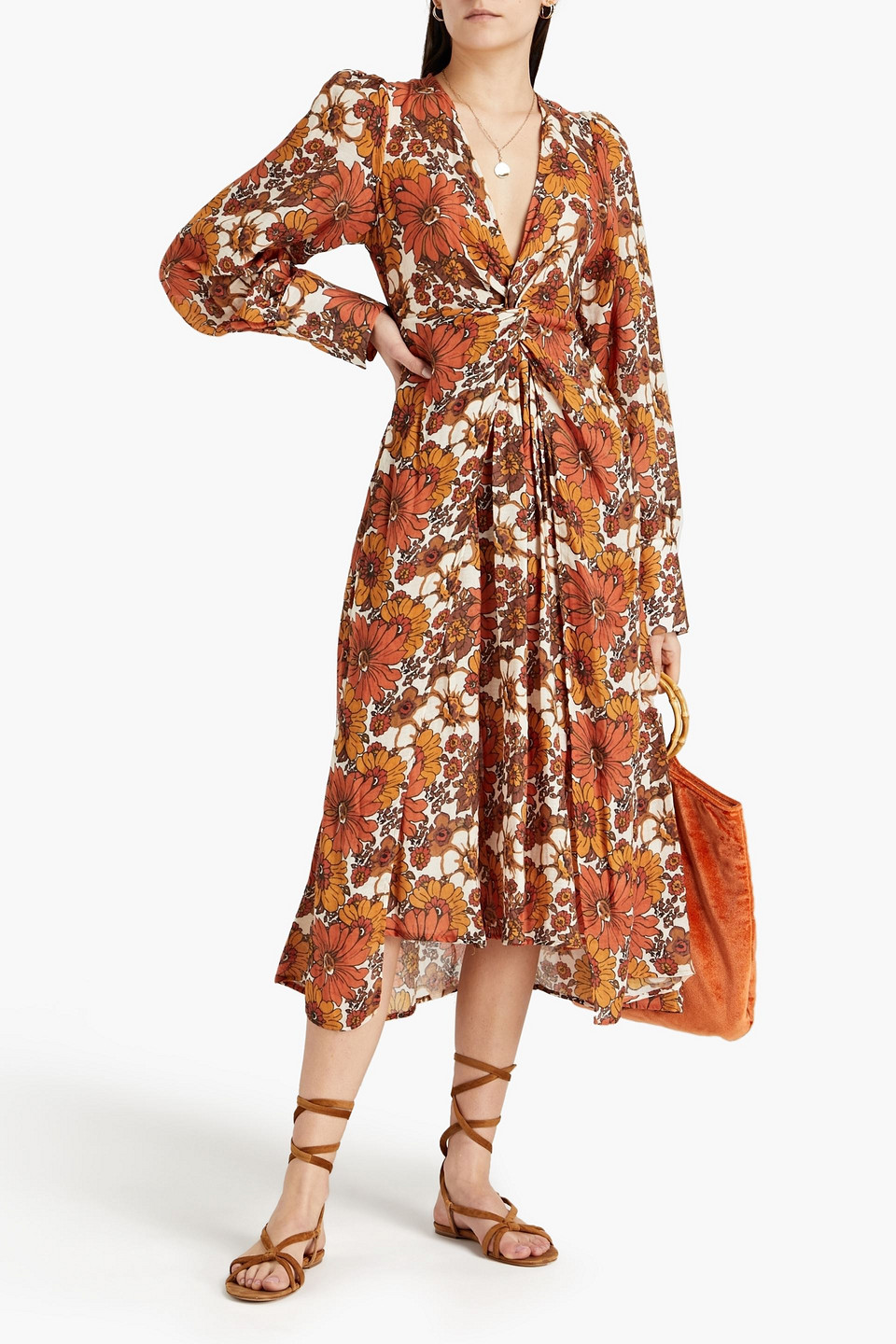 Dodo Bar Or Mallie Twisted Floral-print Cotton-voile Midi Dress In Orange