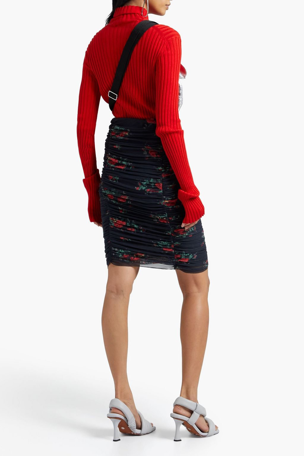 GANNI Ruched floral-print mesh mini skirt