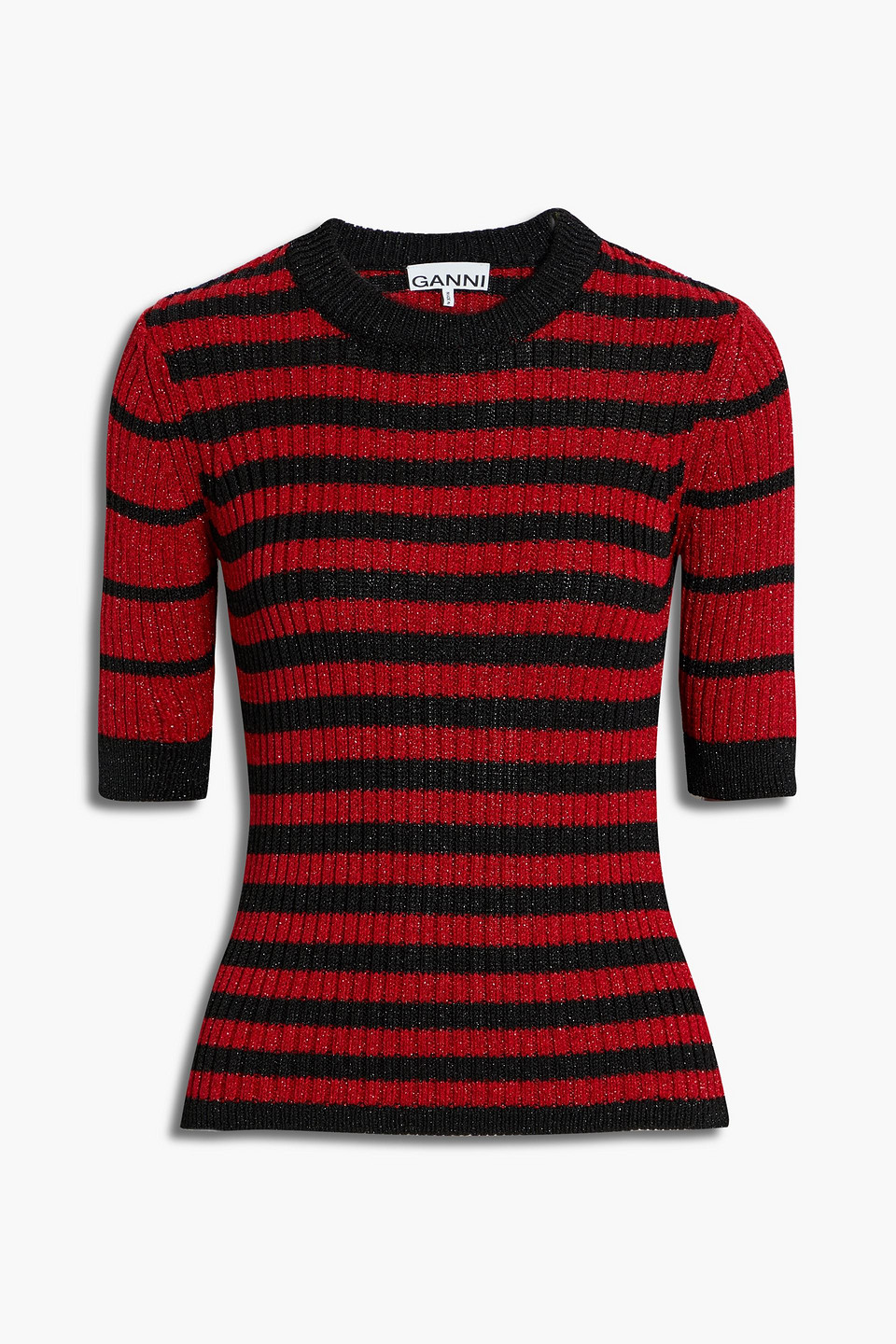ganni - ribbed striped metallic crochet-knit top - red - s