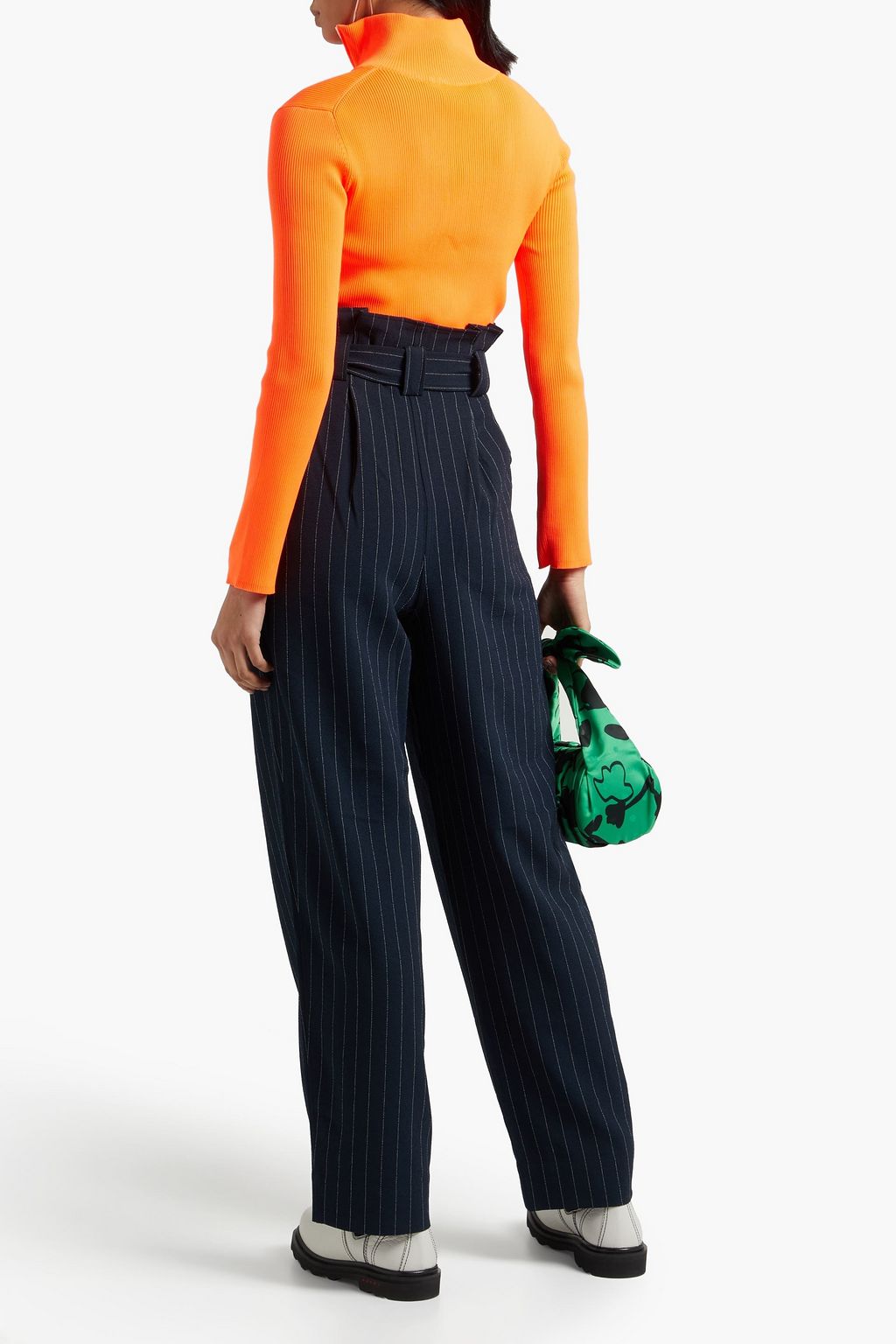 GANNI Belted pleated striped crepe straight-leg pants