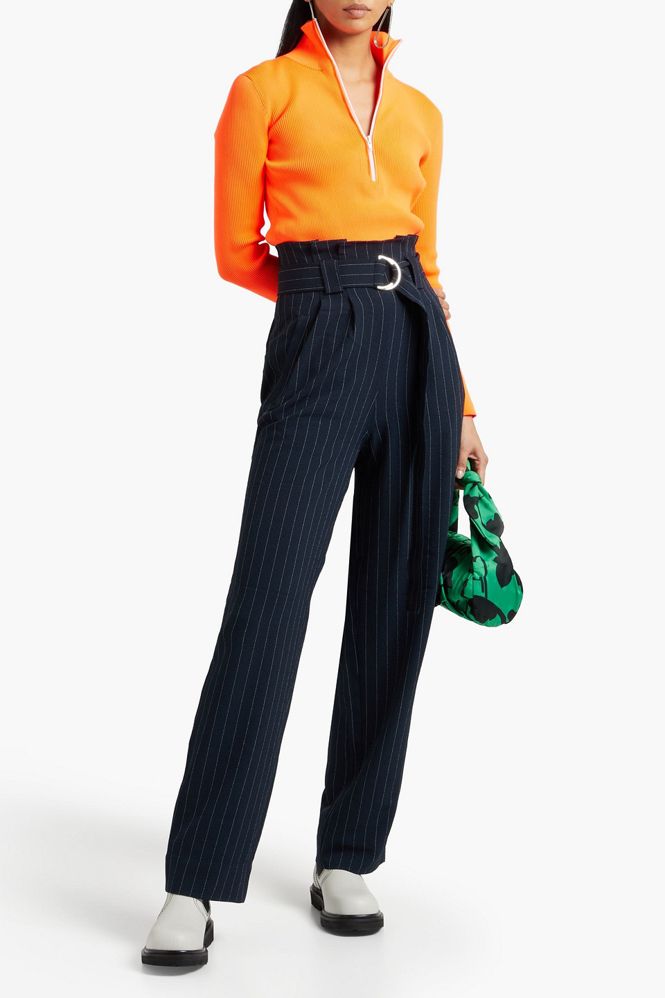 Ganni Belted Pleated Striped Crepe Straight-leg Trousers In Midnight Blue