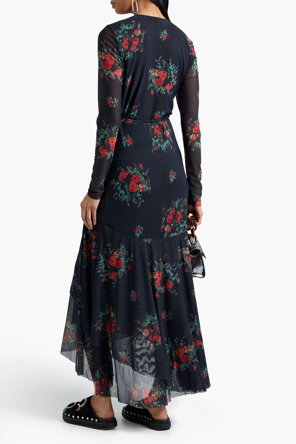 GANNI Asymmetric floral-print mesh maxi wrap dress