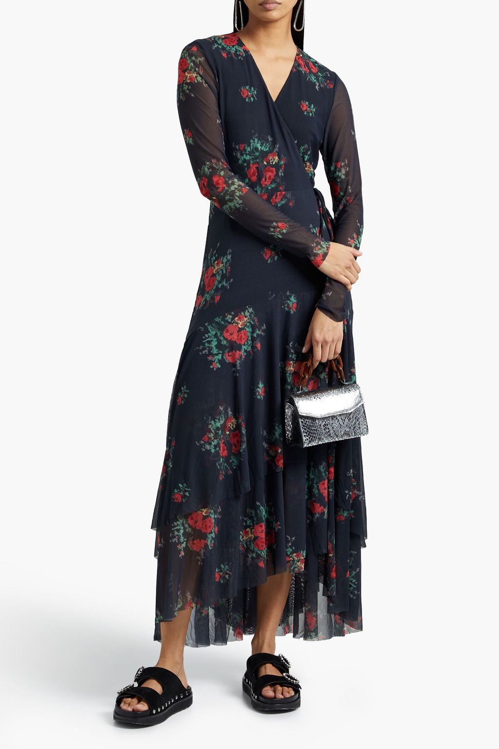 GANNI Asymmetric floral-print mesh maxi wrap dress