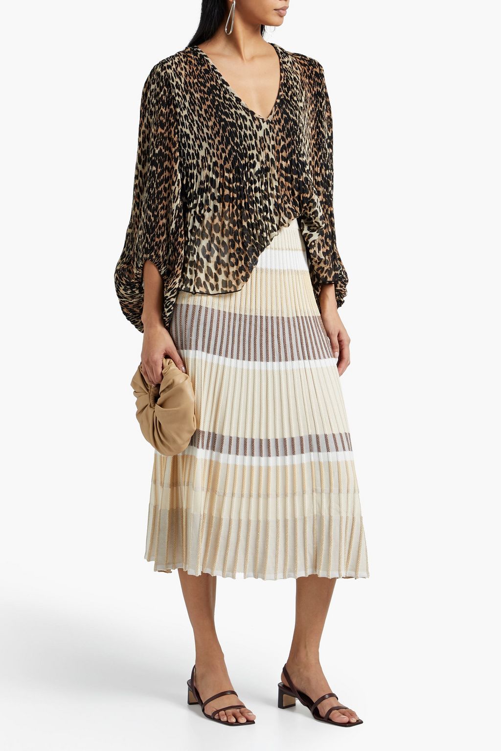 GANNI Plissé leopard-print chiffon top