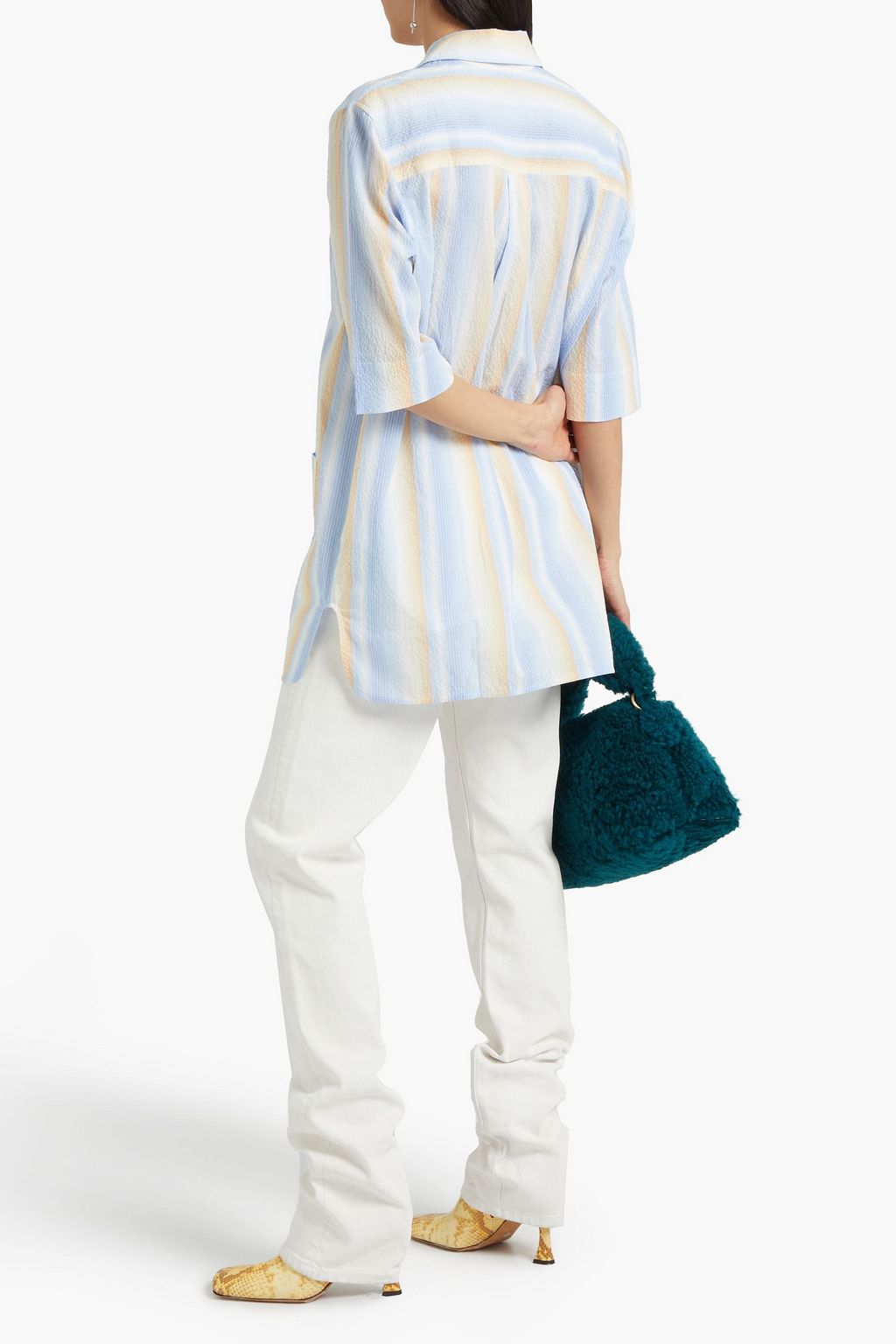 GANNI Crystal-embellished striped hammered cotton-blend top