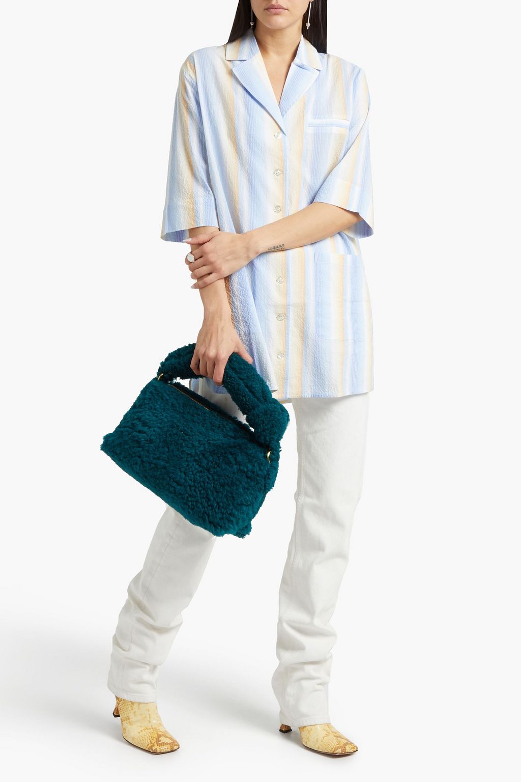 GANNI Crystal-embellished striped hammered cotton-blend top
