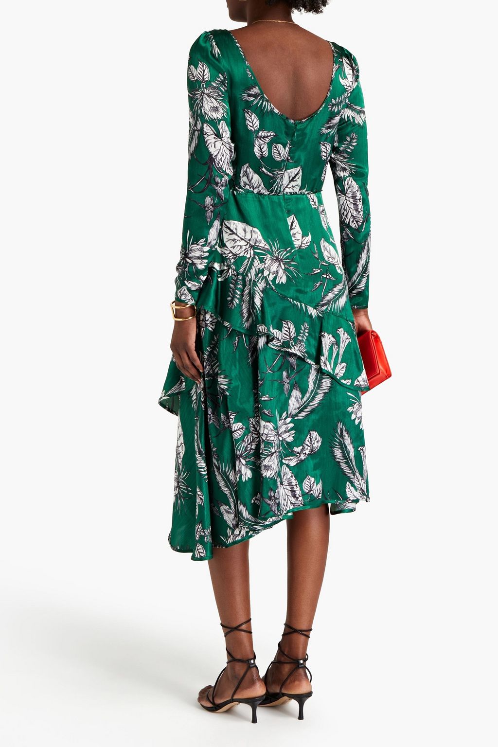 MARCHESA NOTTE Asymmetric printed satin midi dress
