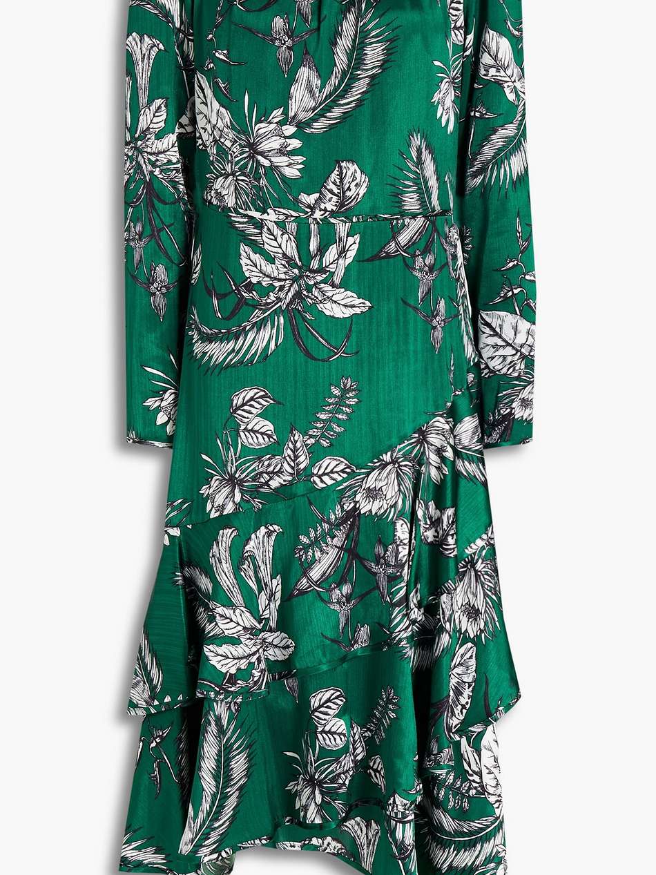 asymmetric printed satin midi dress