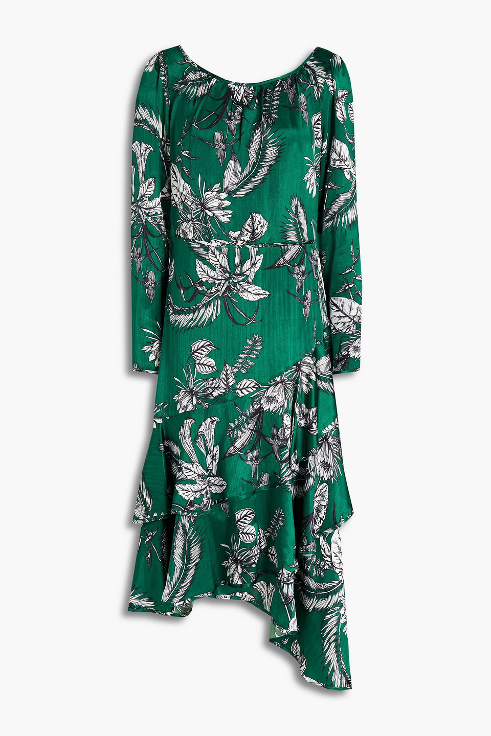 Asymmetric printed satin midi dress