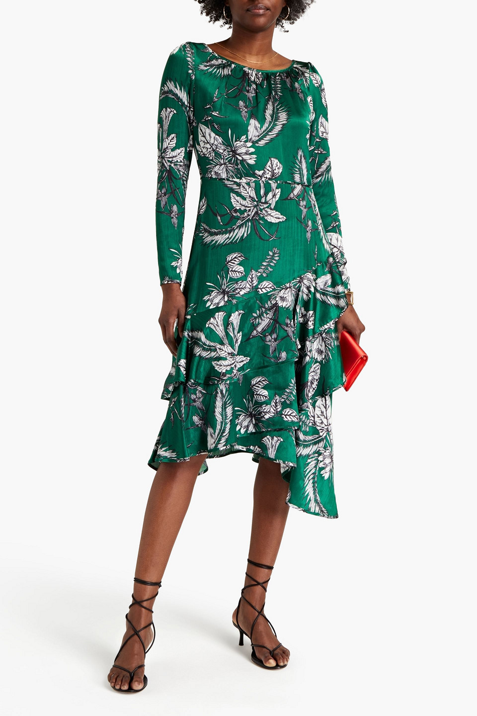 Marchesa Notte Asymmetric Tiered Floral-print Satin Midi Dress In Emerald