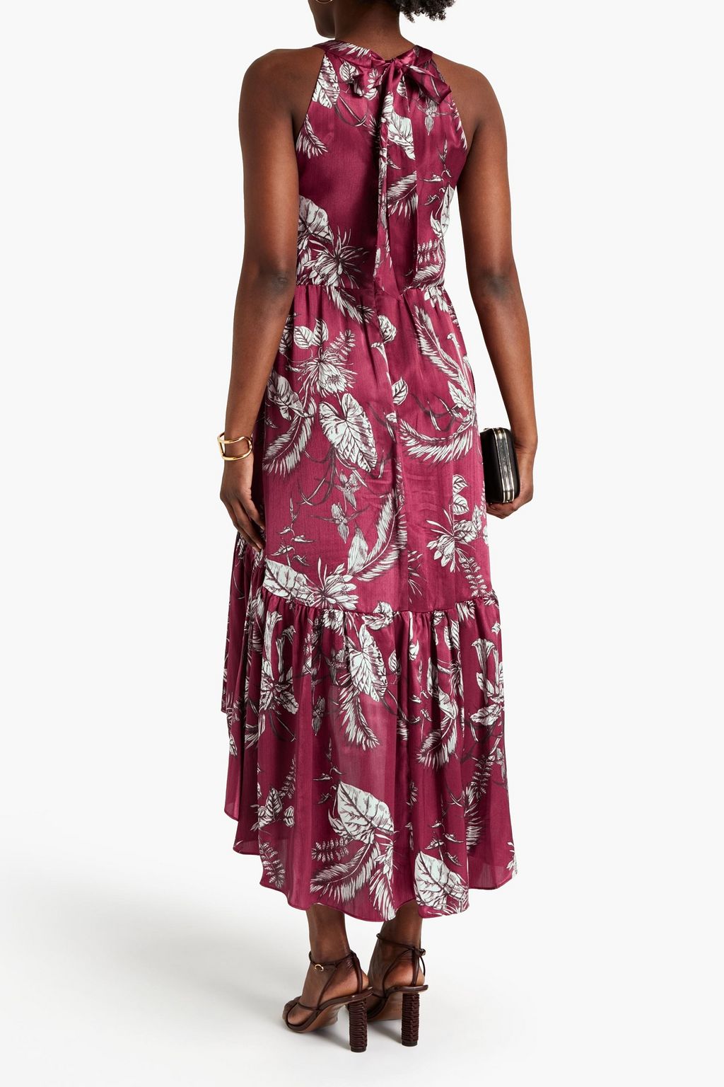 MARCHESA NOTTE Gathered printed satin midi dress