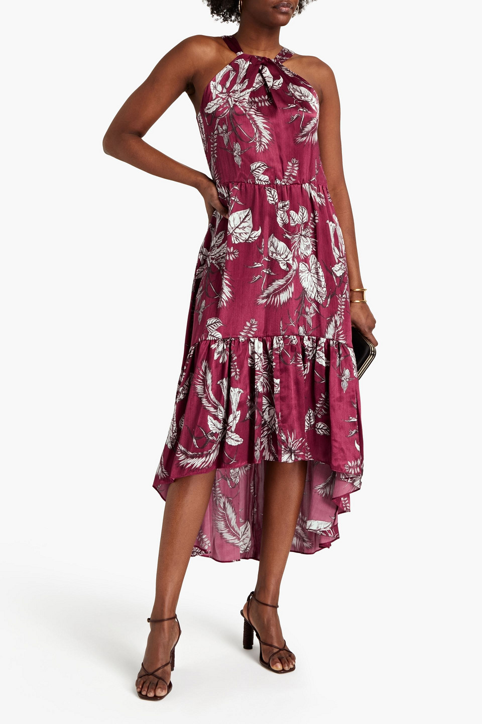 Marchesa Notte Gathered Printed Satin Midi Dress In Claret