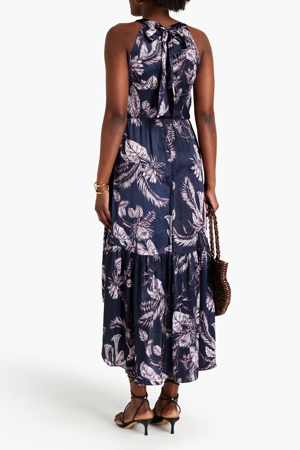 MARCHESA NOTTE Gathered printed satin midi dress