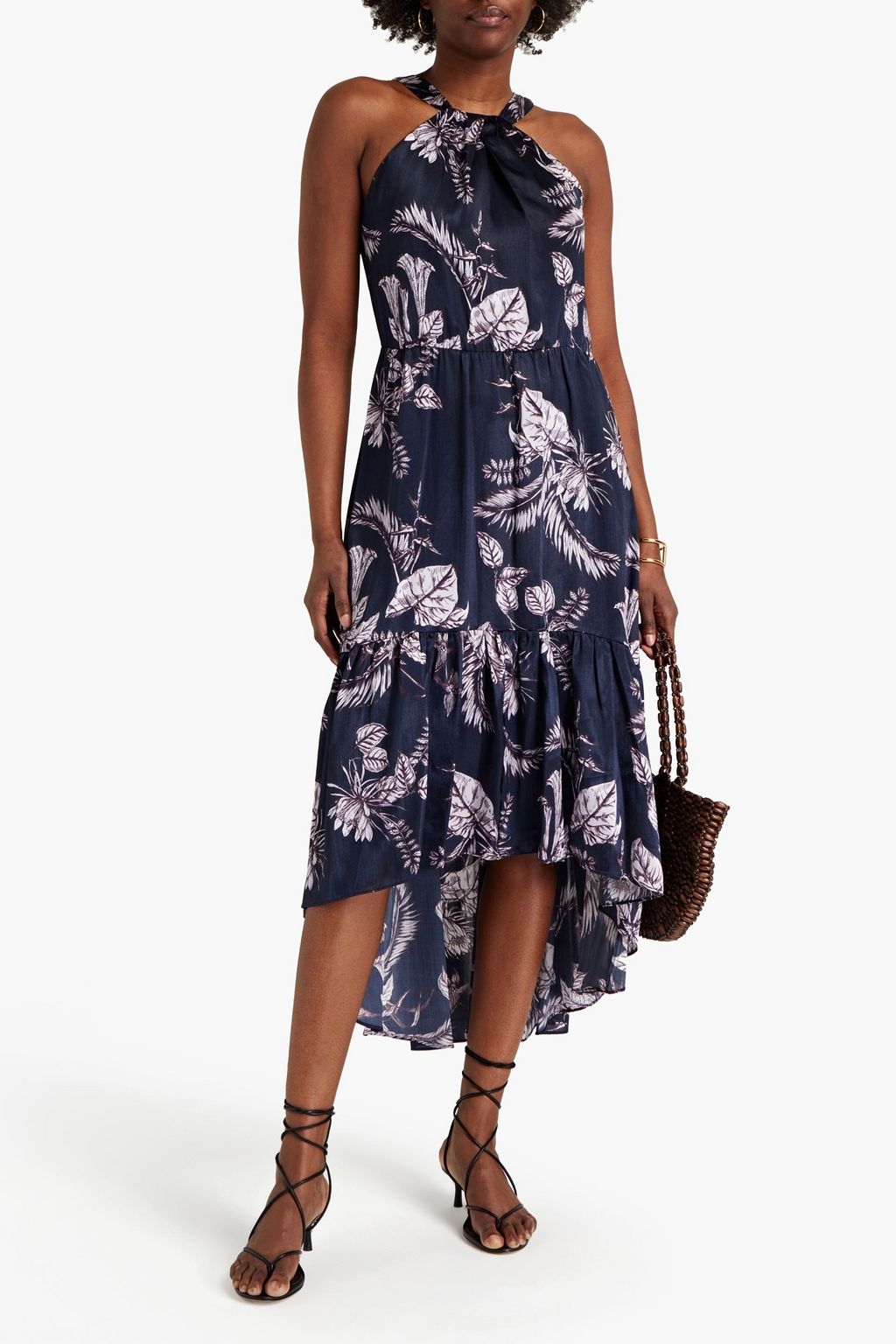 MARCHESA NOTTE Gathered printed satin midi dress