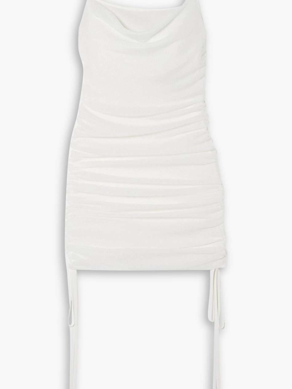 gathered open-knit mini dress