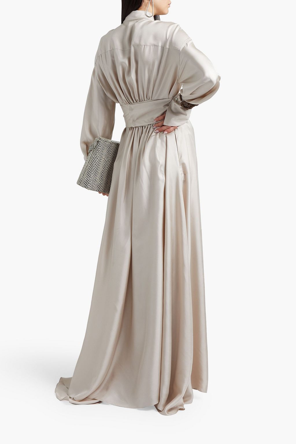 BRUNELLO CUCINELLI Bead-embellished tie-front gathered silk satin-twill gown