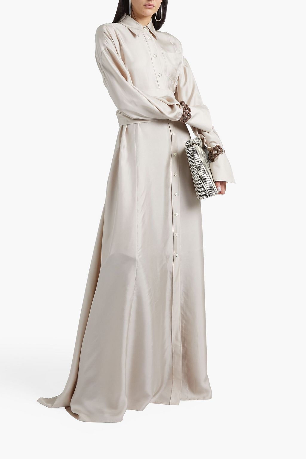 BRUNELLO CUCINELLI Bead-embellished tie-front gathered silk satin-twill gown