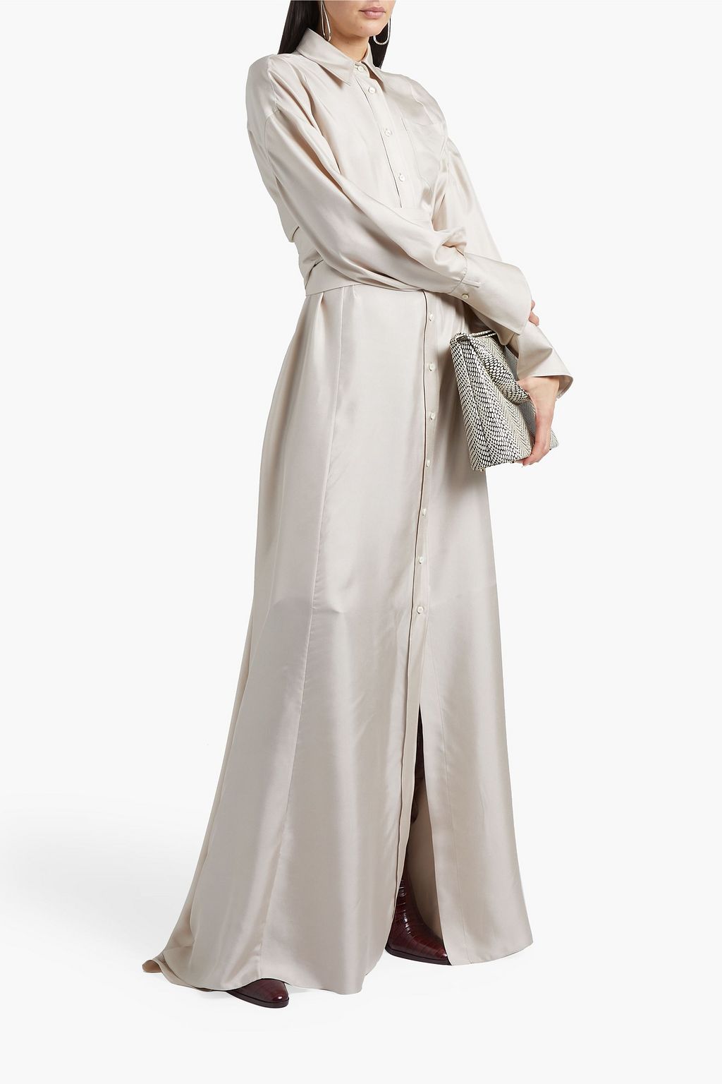 BRUNELLO CUCINELLI Bead-embellished tie-front gathered silk satin-twill gown