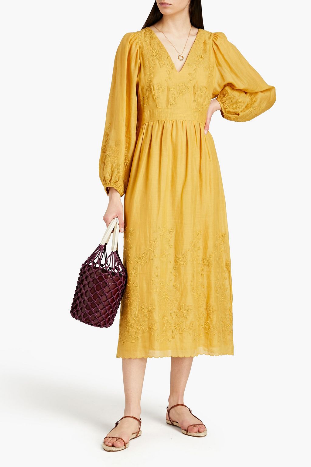 VANESSA BRUNO Romina gathered embroidered ramie midi dress THE