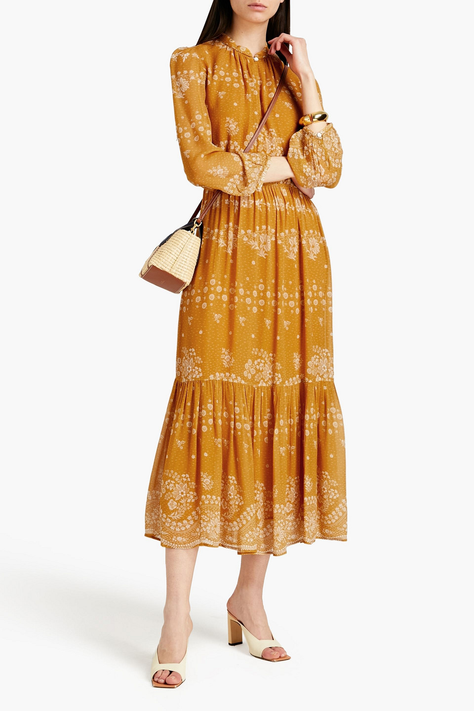 Vanessa Bruno Gathered Floral-print Georgette Midi Dress In Saffron