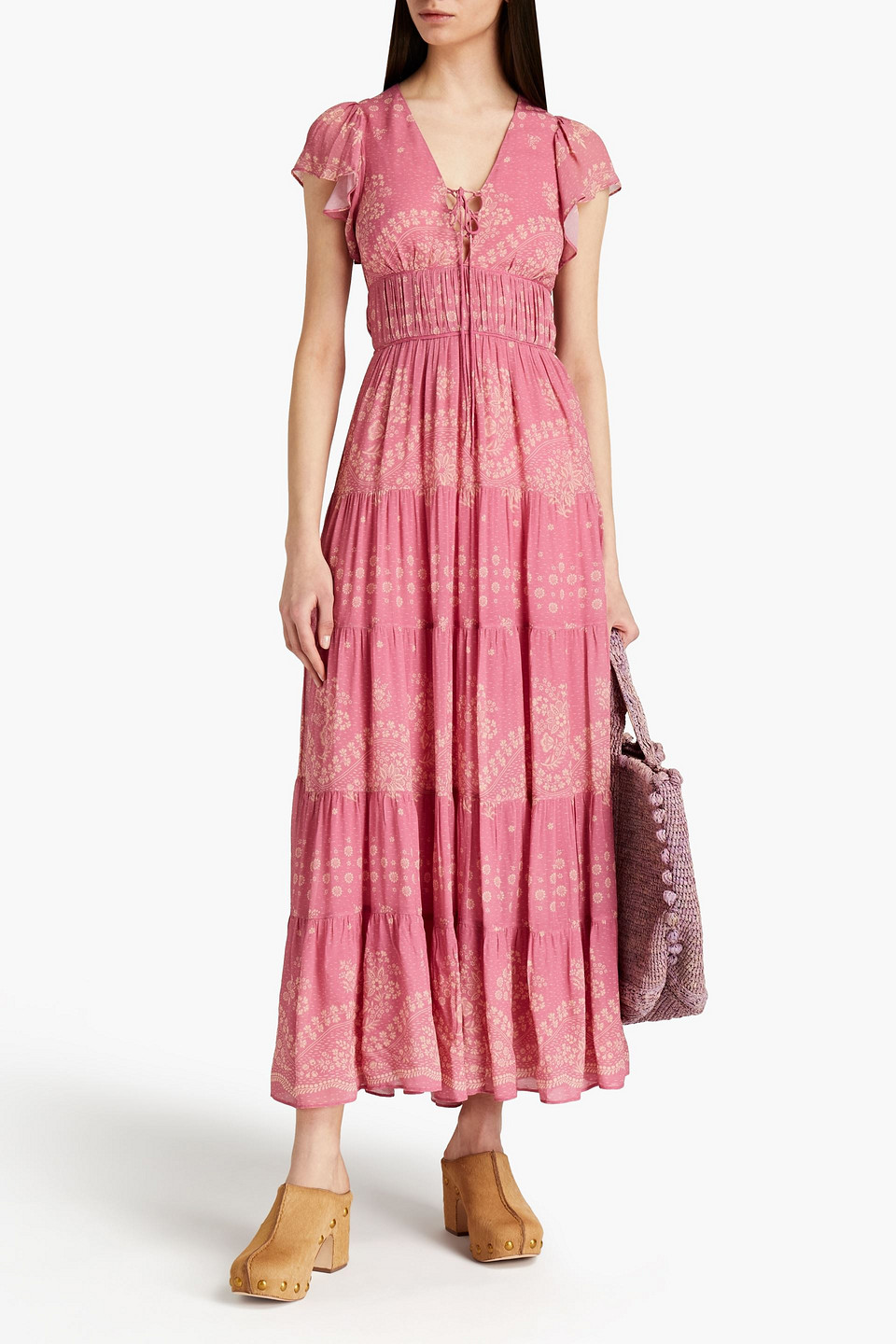 Vanessa Bruno Rose Lace-up Floral-print Georgette Maxi Dress In Pink