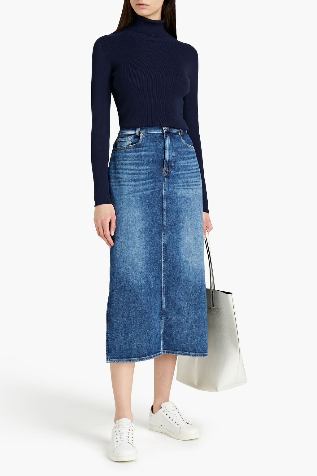 7 FOR ALL MANKIND Faded denim midi pencil skirt