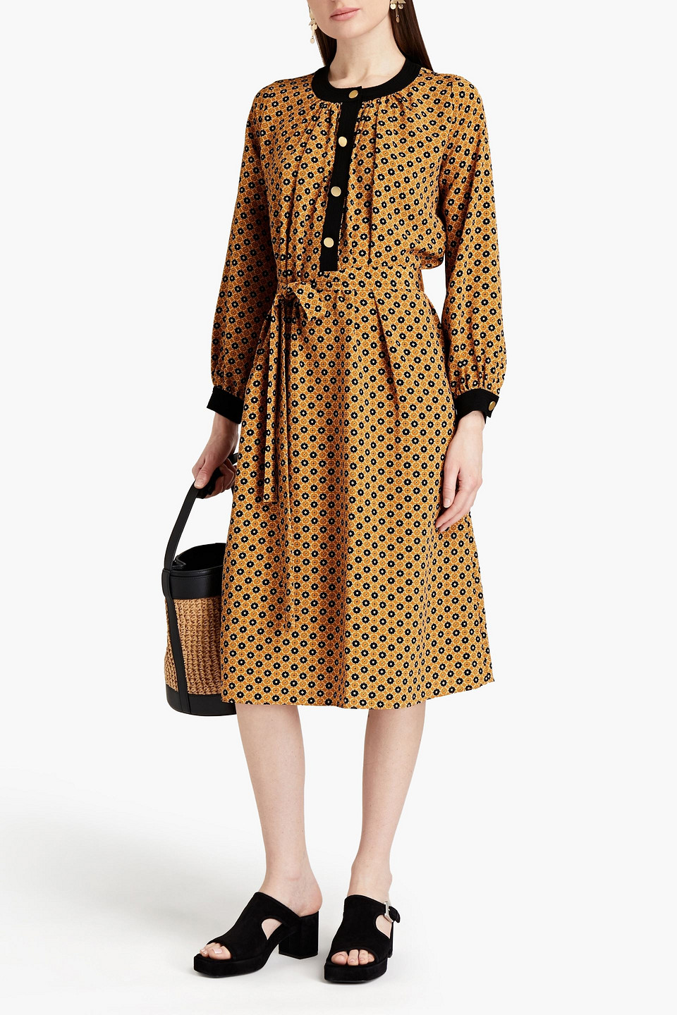 Vanessa Bruno Pixel Belted Printed Crepe Midi Dress In Mustard