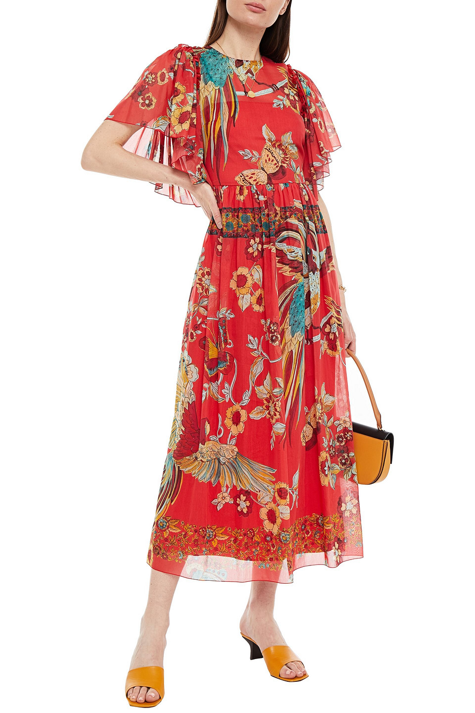 Red Valentino Gathered Printed Cotton And Silk-blend Voile Midi Dress In Coral
