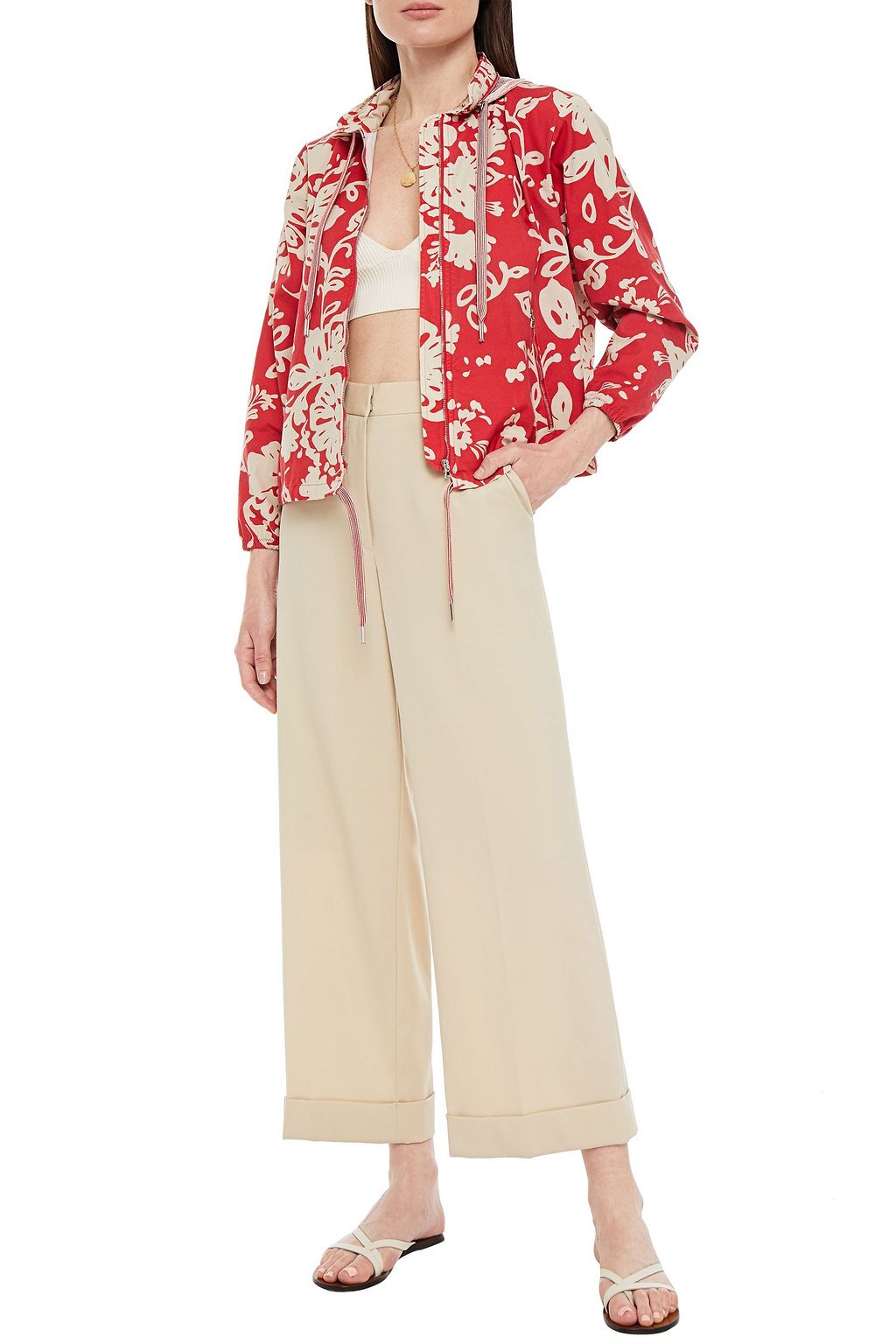 REDVALENTINO Point d'espirit-paneled printed cotton hooded jacket