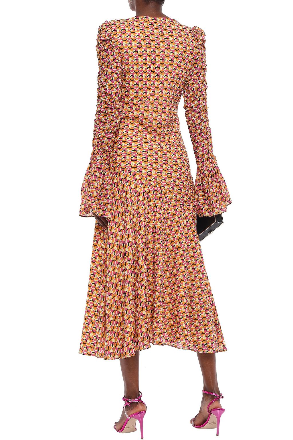 DE LA VALI Ruched printed georgette midi dress