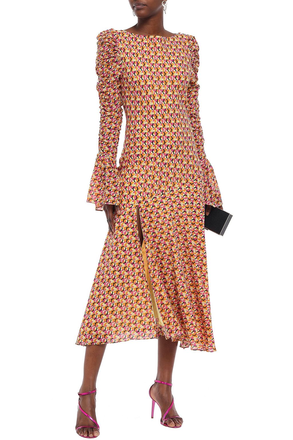 DE LA VALI Ruched printed georgette midi dress