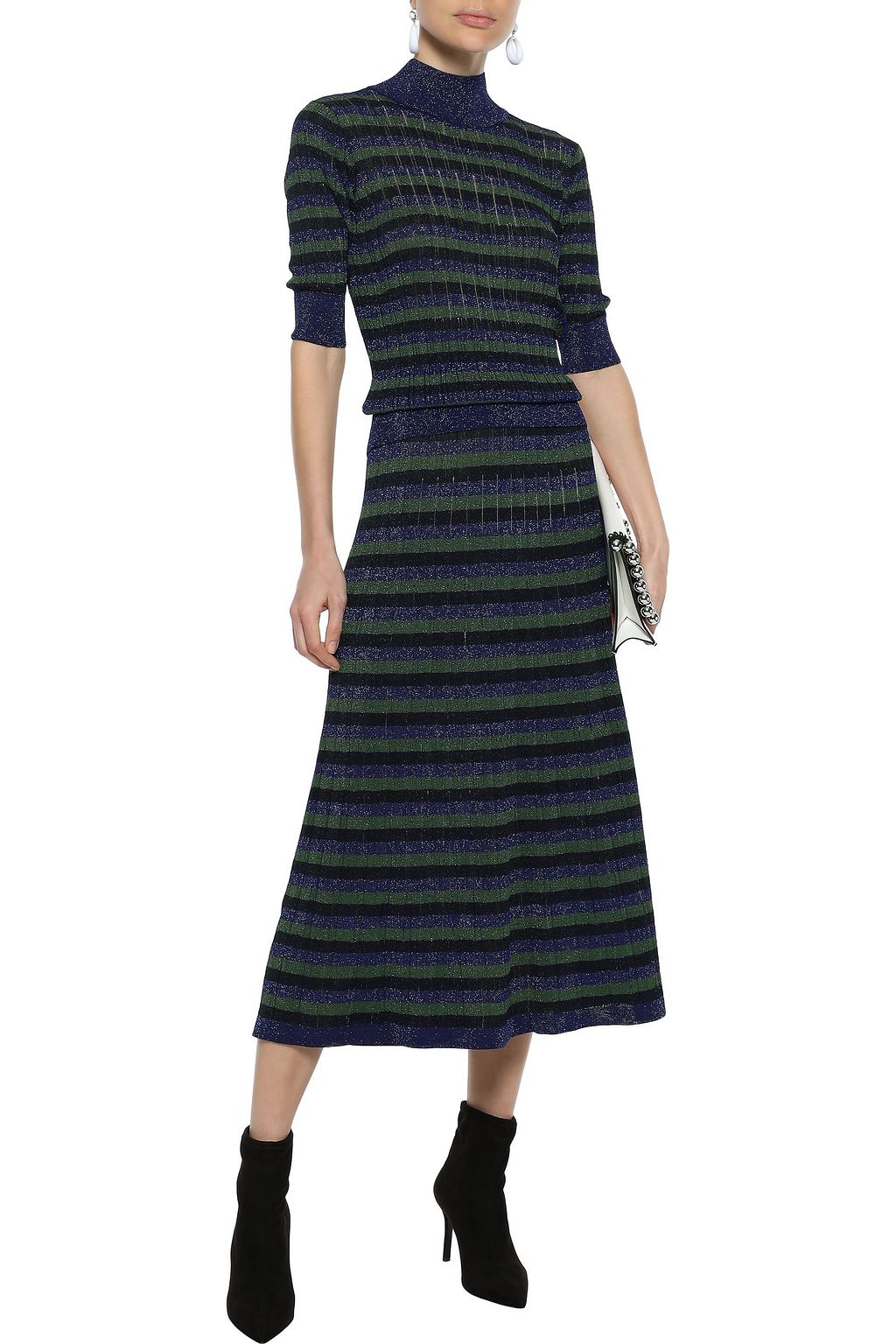 SONIA RYKIEL Striped metallic crochet-knit midi skirt