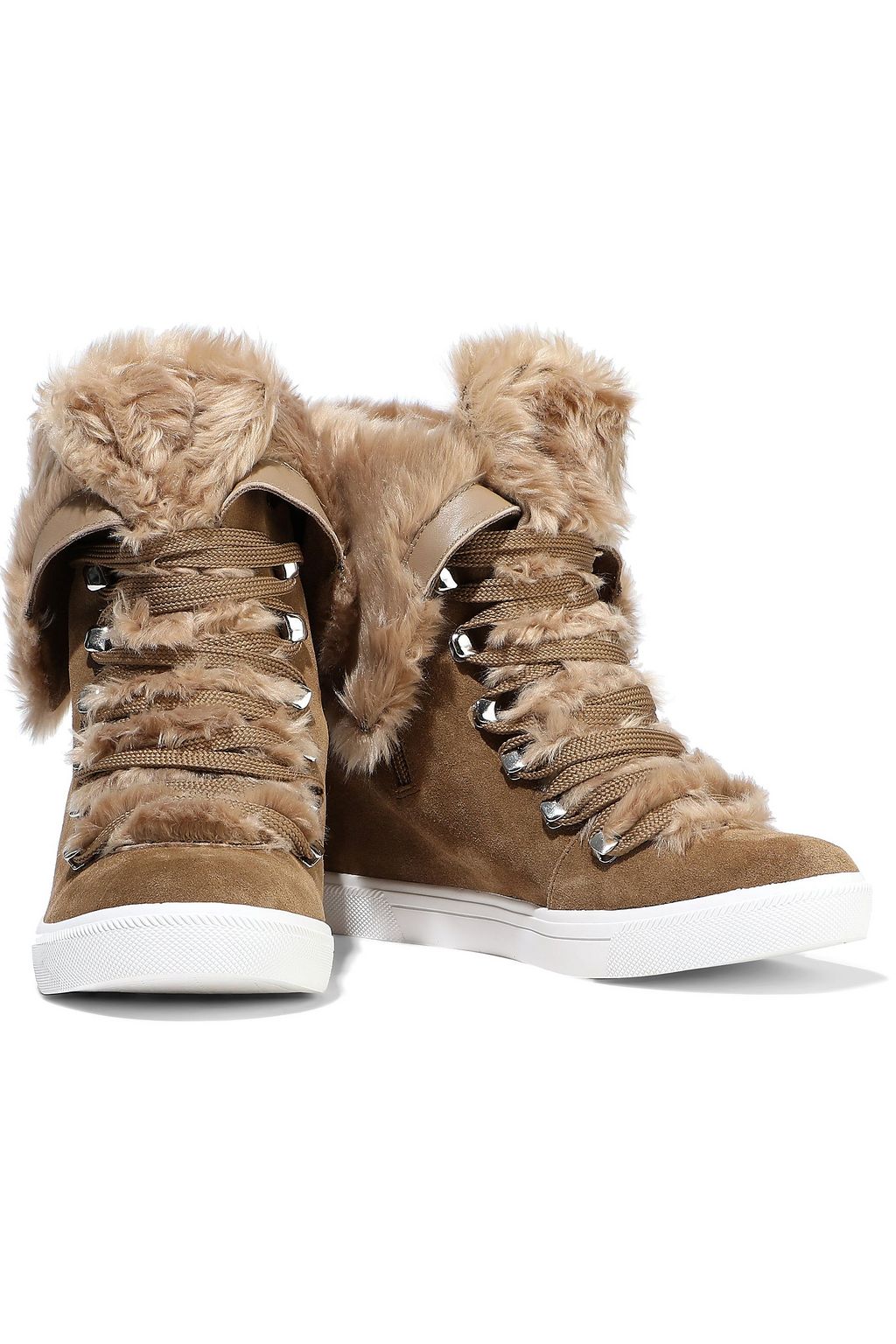 DONNA KARAN Cristin faux fur-trimmed suede wedge sneakers