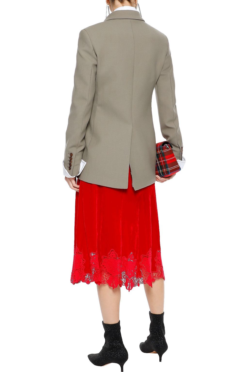 PUSHBUTTON Guipure lace-trimmed velvet midi skirt