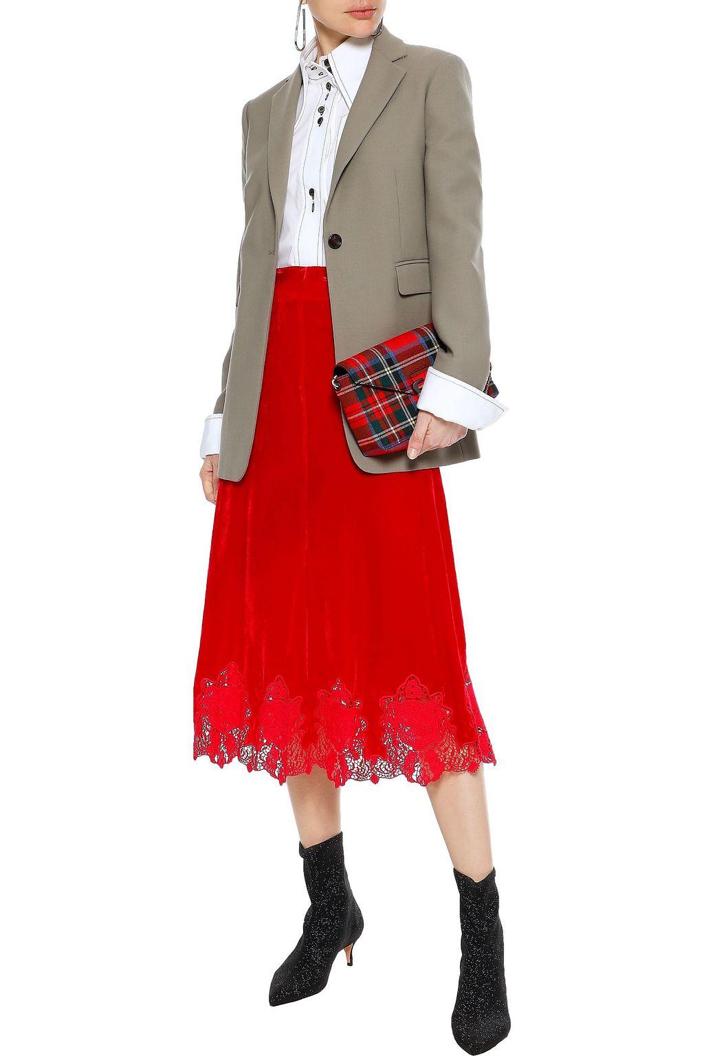 PUSHBUTTON Guipure lace-trimmed velvet midi skirt