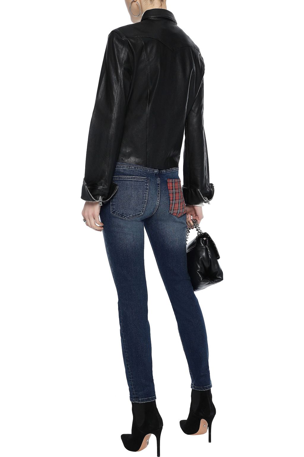 CURRENT/ELLIOTT The Stiletto checked twill-paneled distressed low-rise skinny jeans