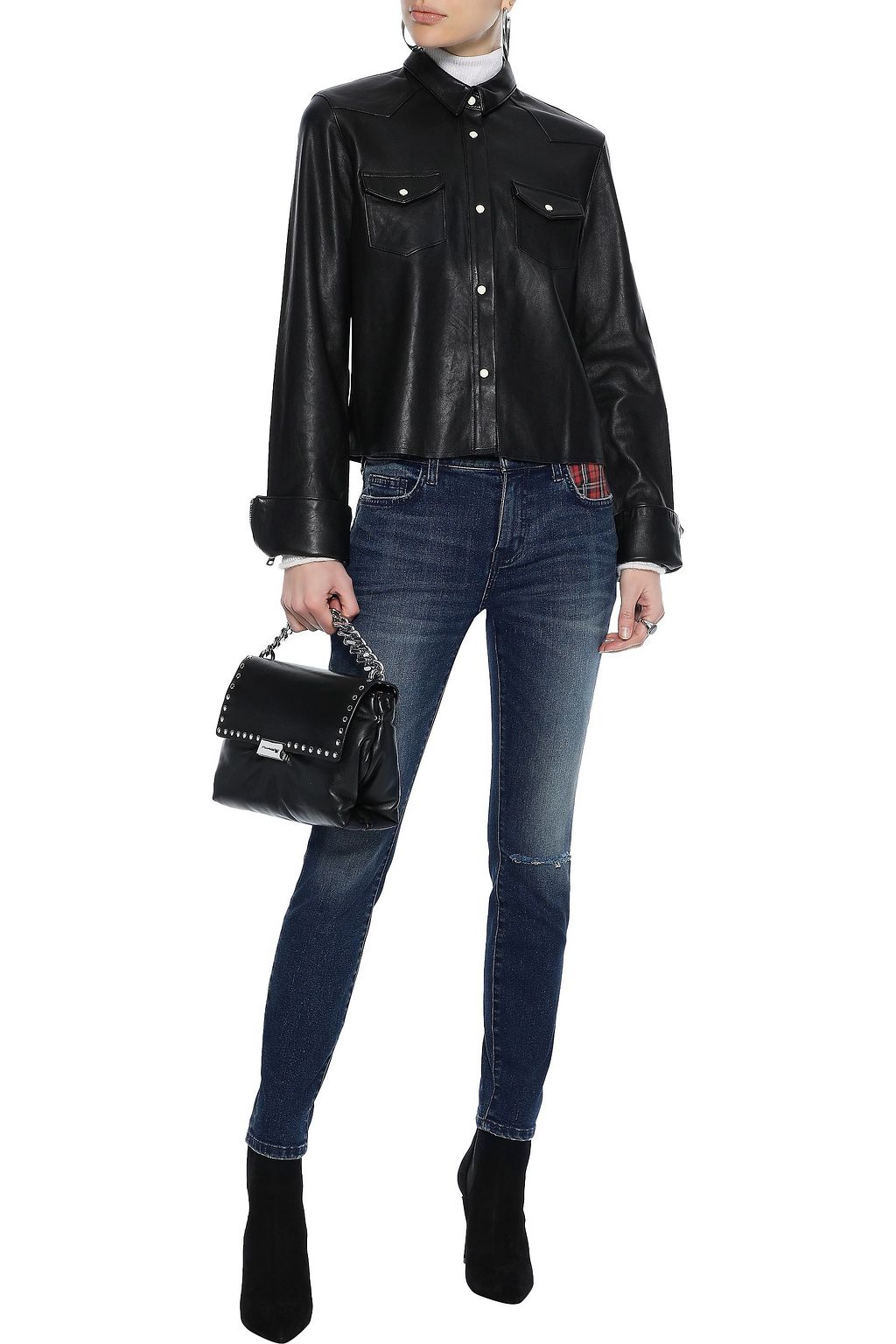 CURRENT/ELLIOTT The Stiletto checked twill-paneled distressed low-rise skinny jeans