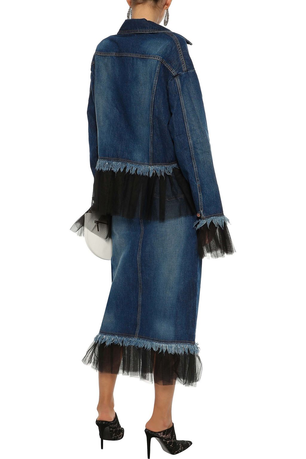HOUSE OF HOLLAND Pleated tulle-trimmed denim midi pencil skirt