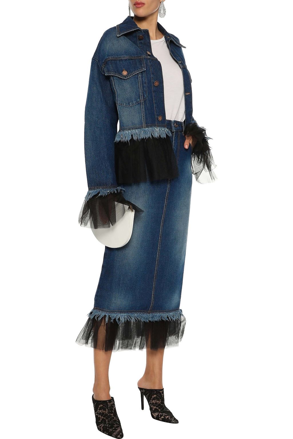 HOUSE OF HOLLAND Pleated tulle-trimmed denim midi pencil skirt