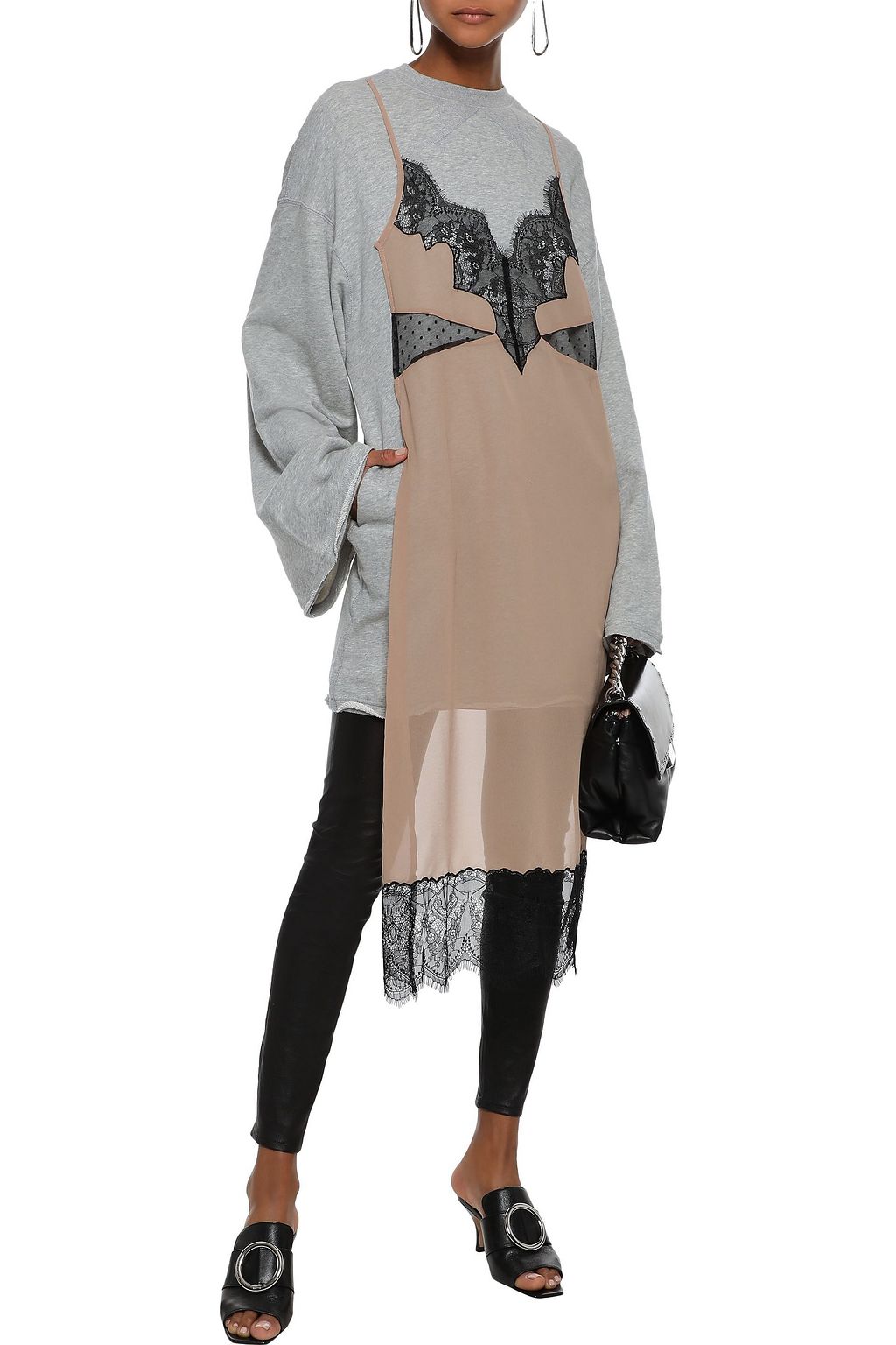 PUSHBUTTON Layered lace-paneled chiffon and French cotton-blend terry sweatshirt