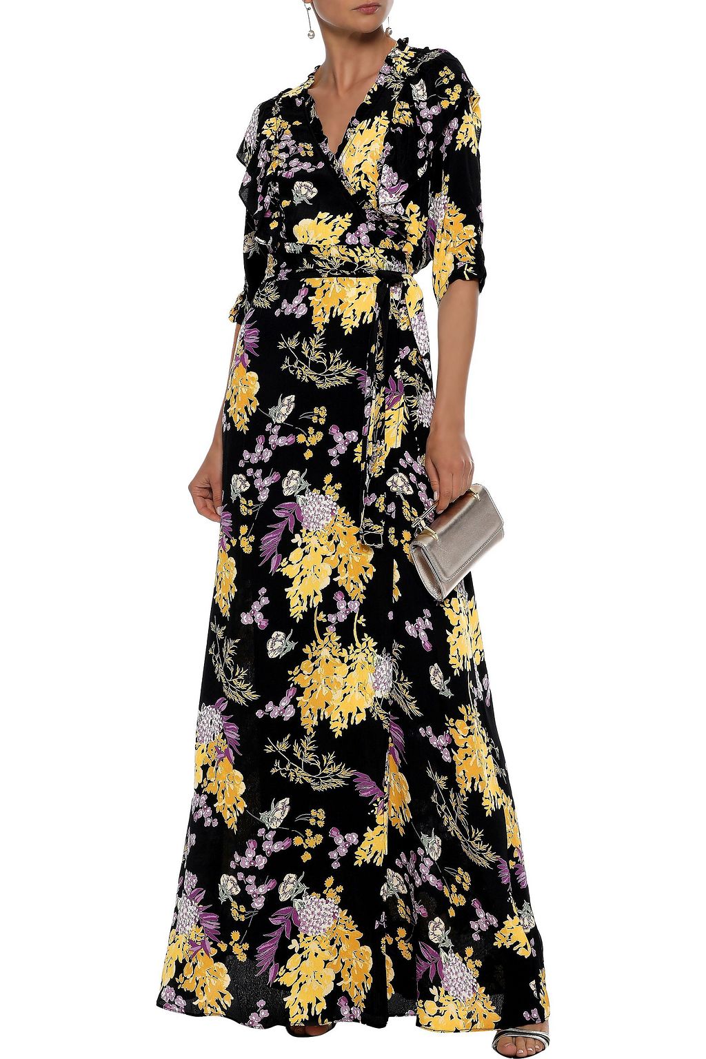 BYTIMO Ruffle-trimmed floral-print crepe de chine maxi wrap dress