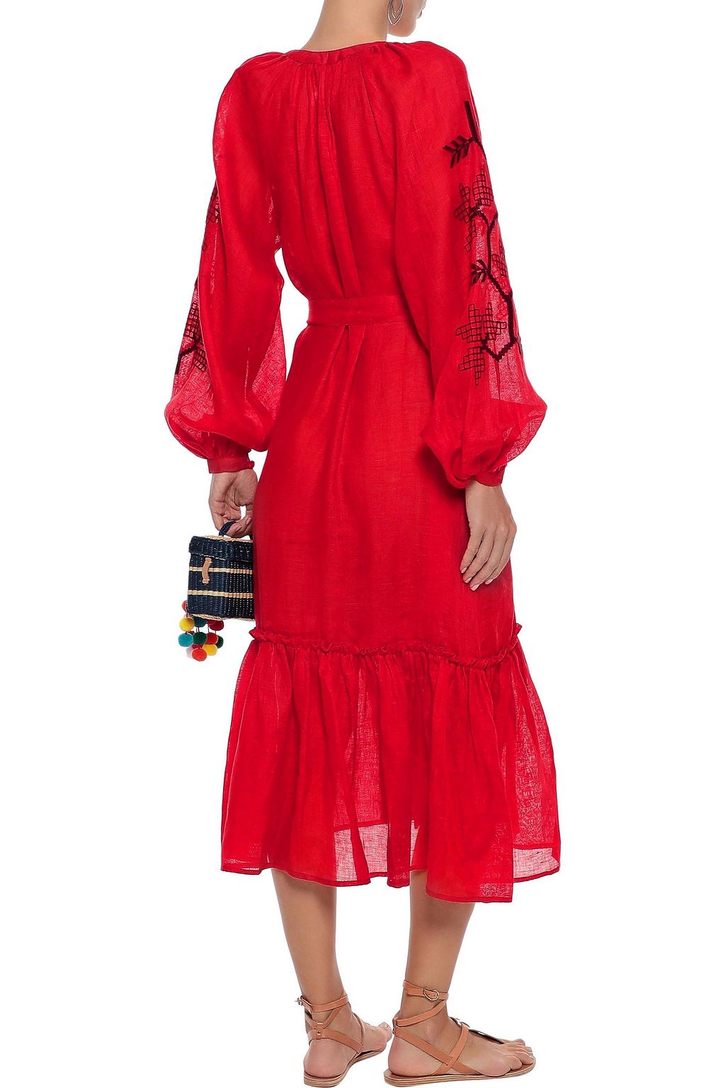 MARCH11 Val belted embroidered linen-gauze midi dress