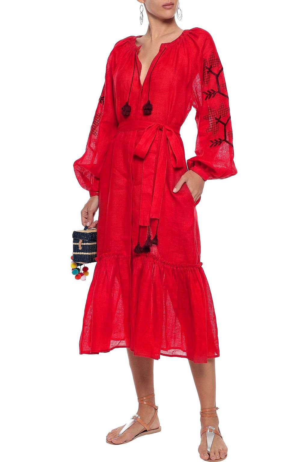 MARCH11 Val belted embroidered linen-gauze midi dress