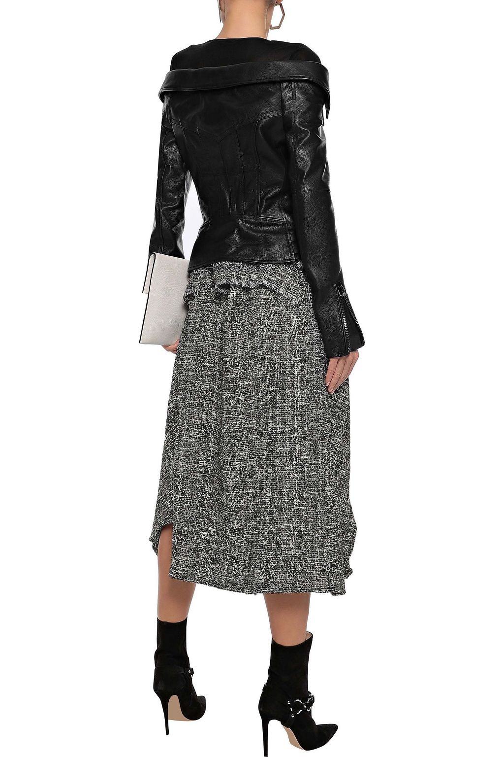 FAITH CONNEXION Tie-front asymmetric metallic bouclé-tweed midi skirt