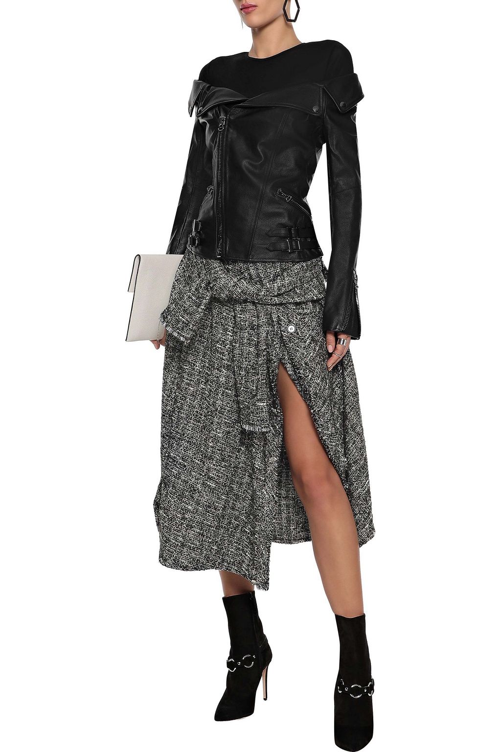 FAITH CONNEXION Tie-front asymmetric metallic bouclé-tweed midi skirt